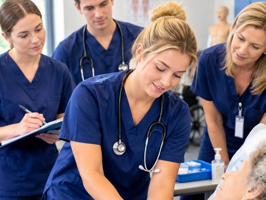 Nursing assistant student practicing bedside patient care during CNA training in St. Paul, MN