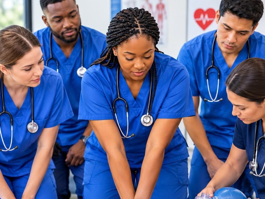 Students practicing CPR chest compressions on a mannequin during CPR training