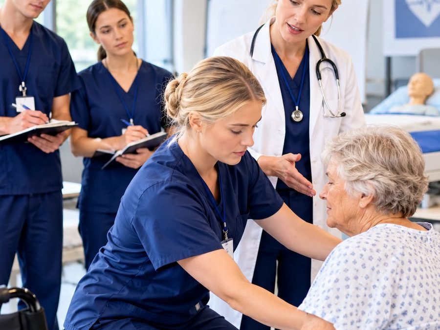 Nurse helping an elderly patient from a wheelchair while an instructor supervises