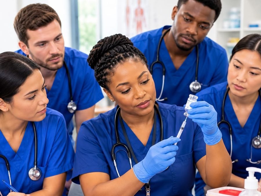 Nursing student preparing medication from a vial during medication administration training